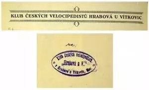 Záhlaví korespondenčního papíru Klubu českých velocipedistů v Hrabové u Vítkovic a jeho razítko, z dokumentů pocházejících z 20. let 20. stol.